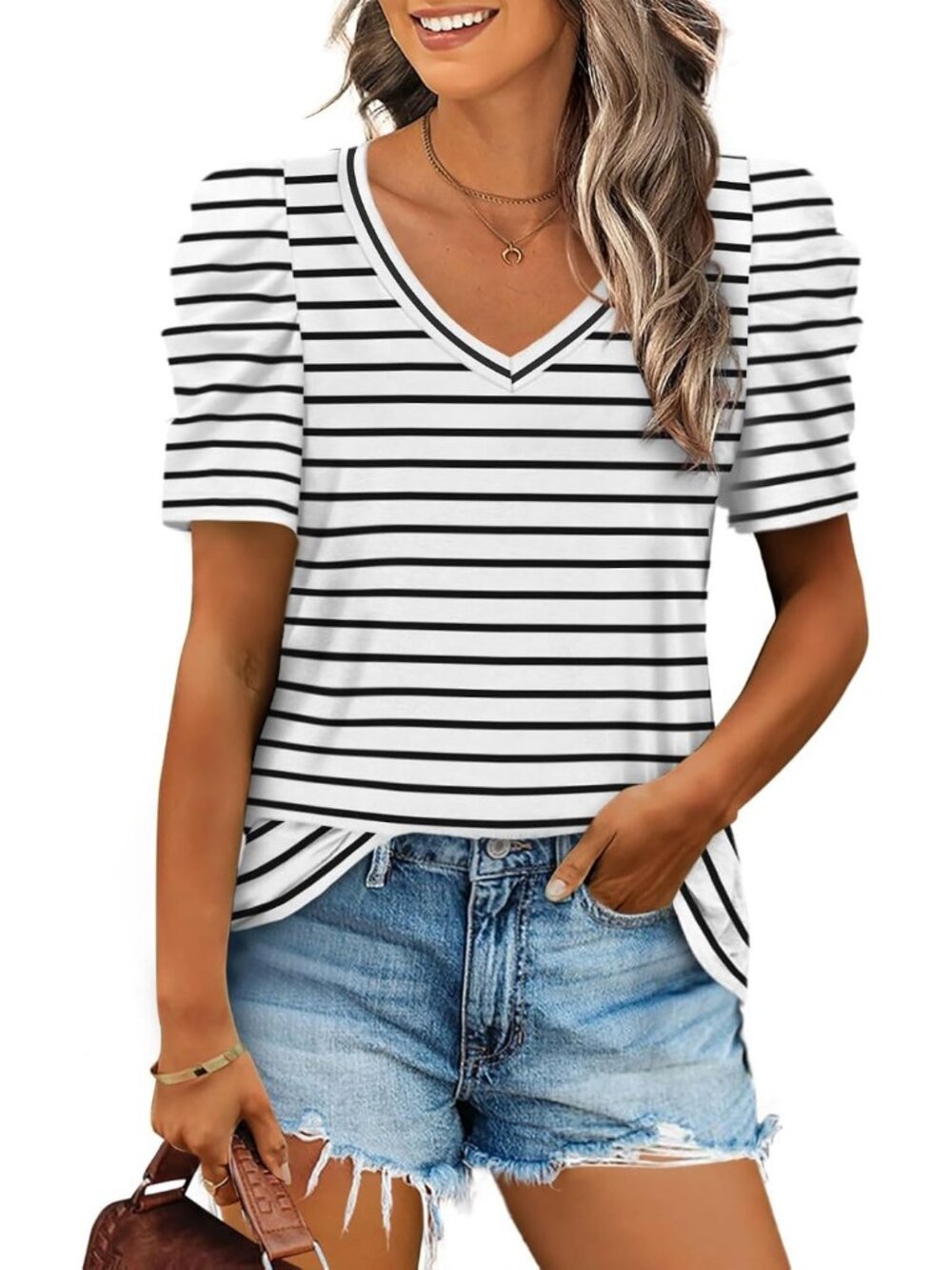 Women's White Stripe Polyester Blend Puff Sleeve V Neck Pull On Henley Shirts